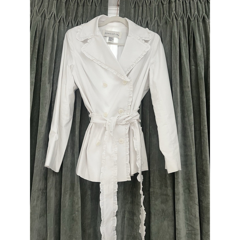 Vtg Doncaster White Trench Blazer Ruffle Sz 12 Double Breast Button Belt Cotton - Picture 5 of 10